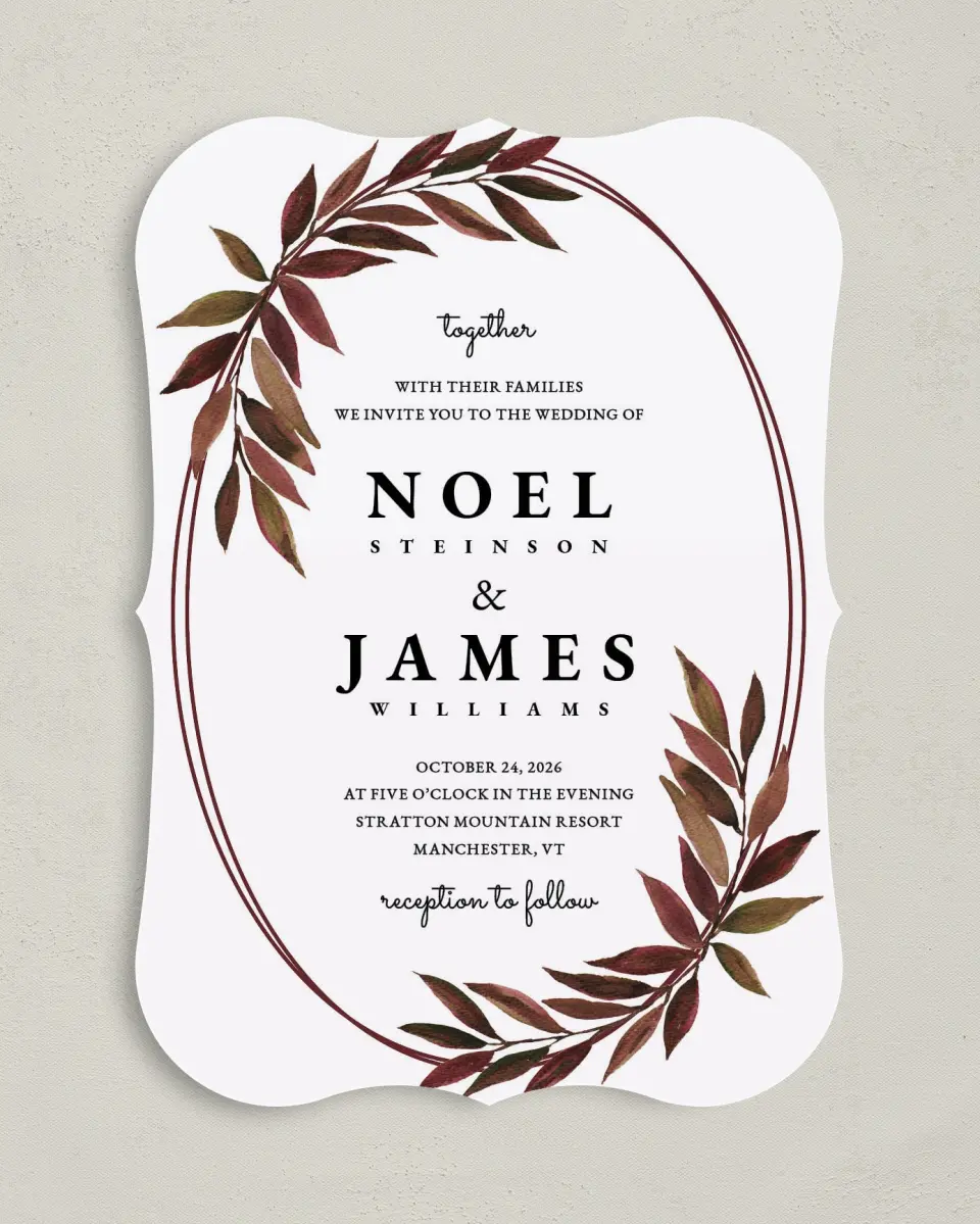 This is a 5" x 7" Bracket Wedding Invitation called Lavish Leaves printed in full color on Premium Smooth paper