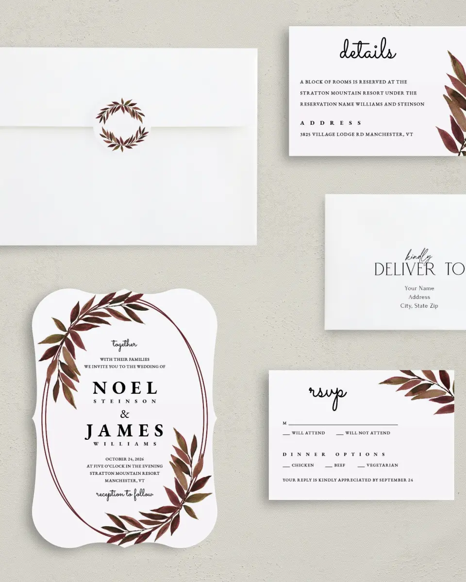 This is a 5" x 7" Bracket Wedding Invitation called Lavish Leaves printed in full color with Silver foil on Luxe Satin (coated) paper