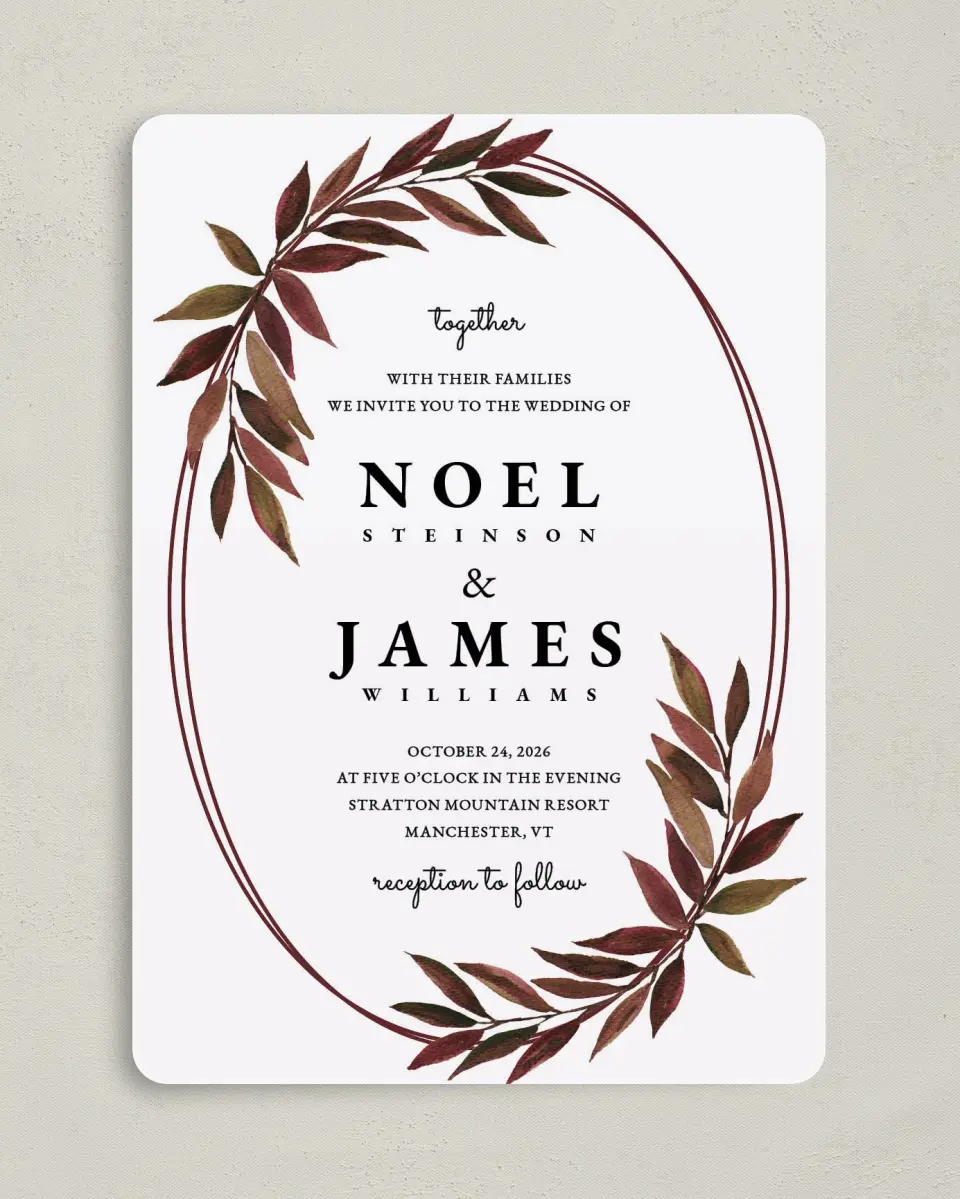 This is a 5" x 7" Rounded Wedding Invitation called Lavish Leaves printed in full color on Premium Smooth paper