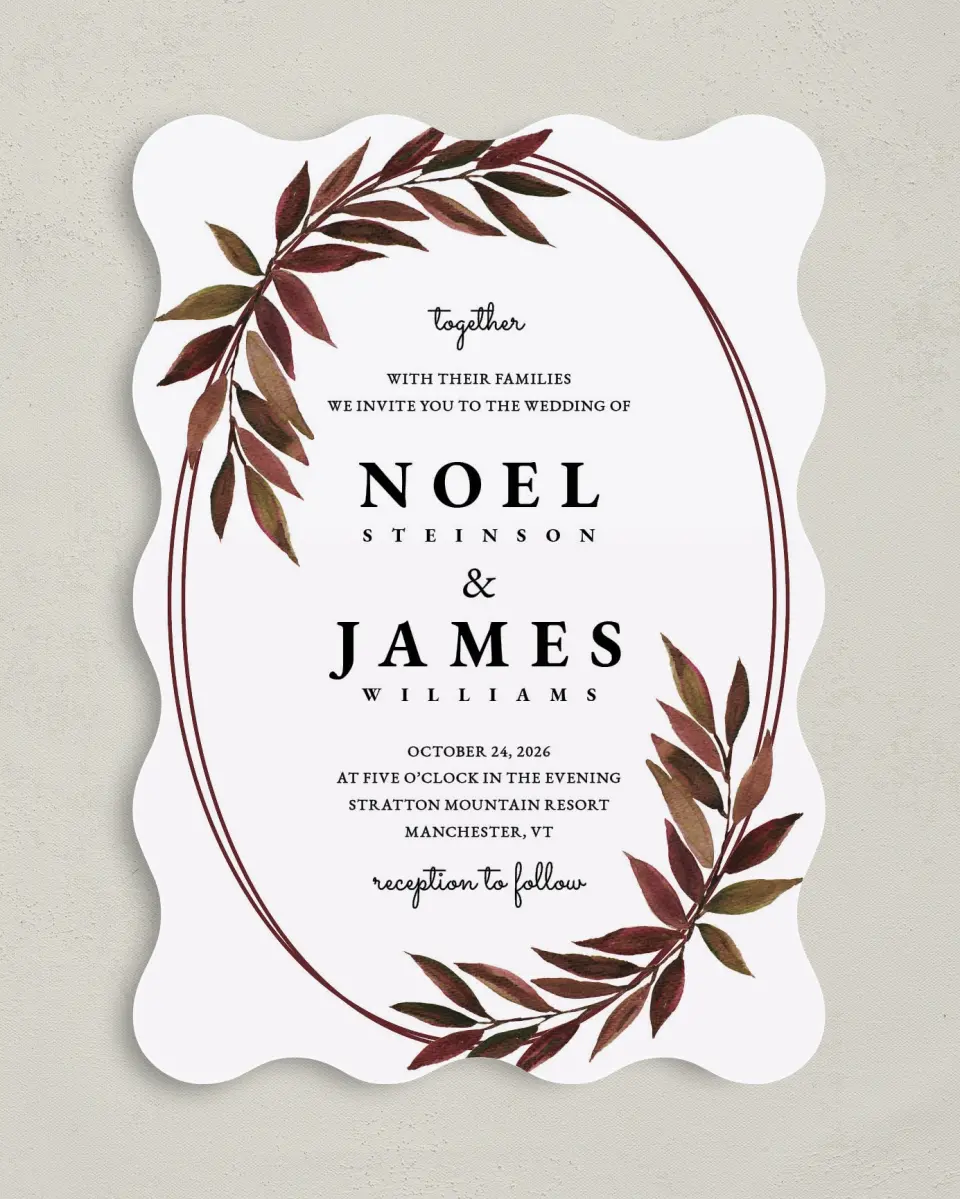 This is a 5" x 7" Wavy Wedding Invitation called Lavish Leaves printed in full color with Gold foil on Luxe Satin (coated) paper