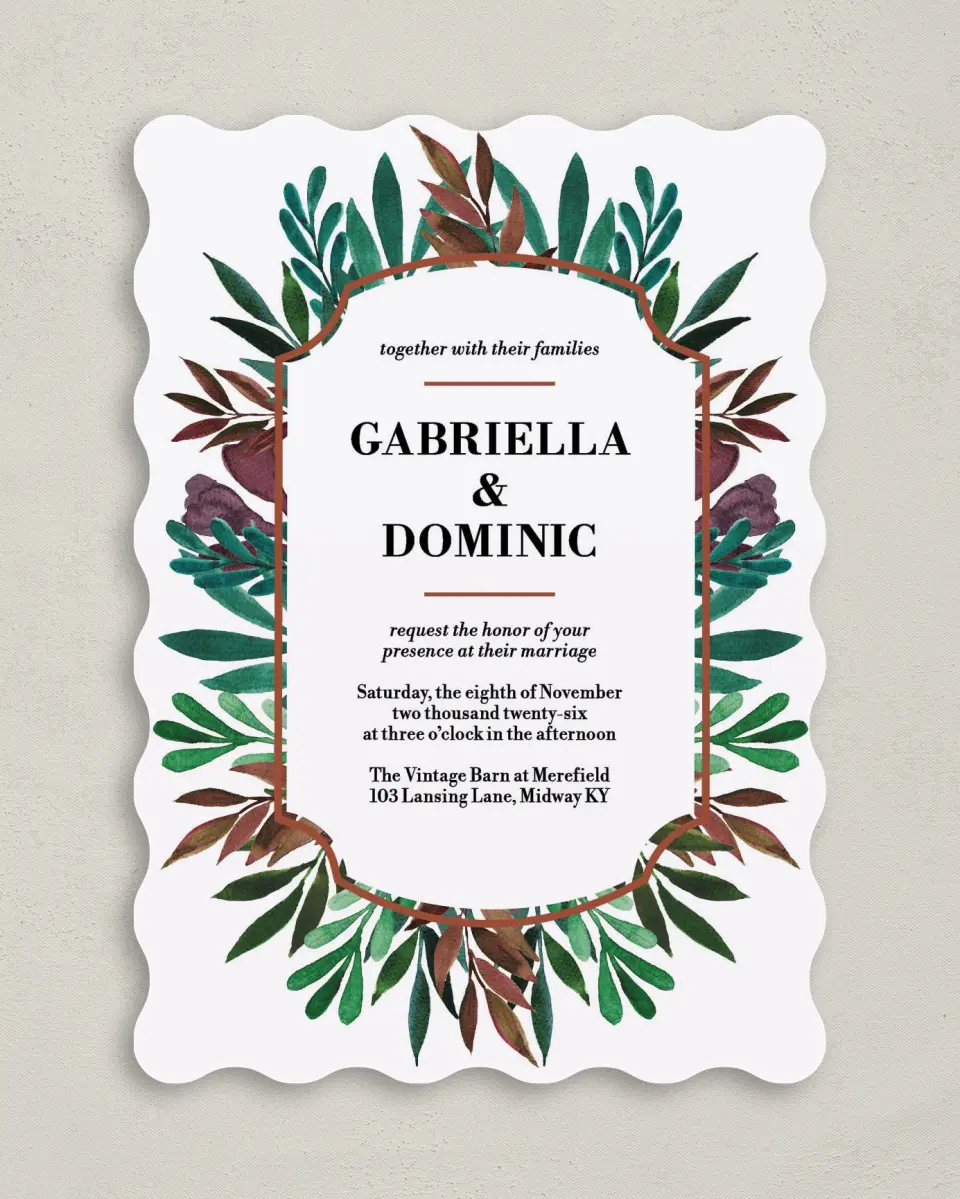 This is a 5" x 7" Wavy Wedding Invitation called Graceful Frame printed in full color on Premium Smooth paper