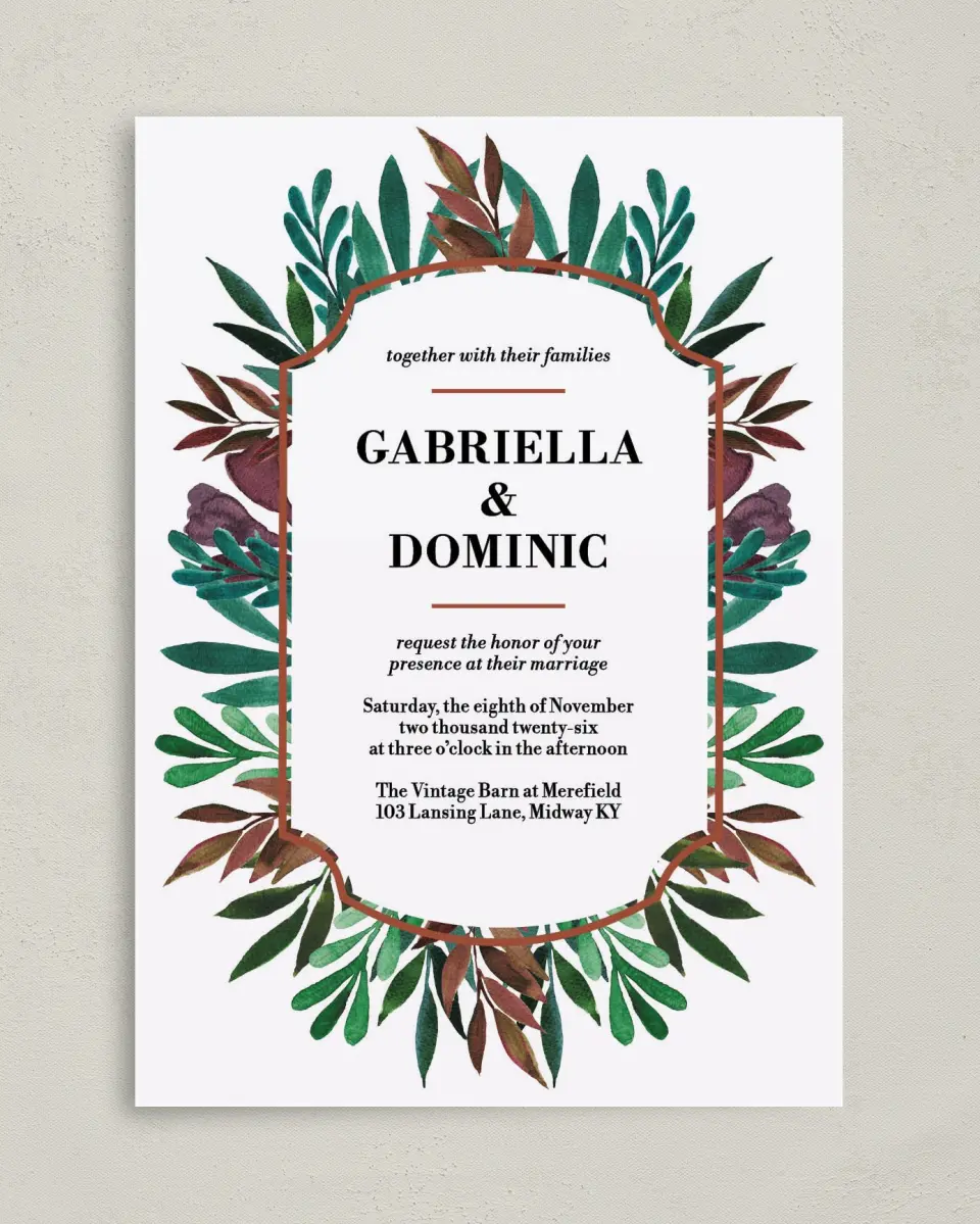 This is a 5" x 7" Classic Wedding Invitation called Graceful Frame printed in full color on Premium Smooth paper
