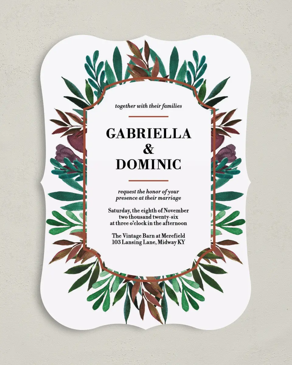 This is a 5" x 7" Bracket Wedding Invitation called Graceful Frame printed in full color on Premium Smooth paper