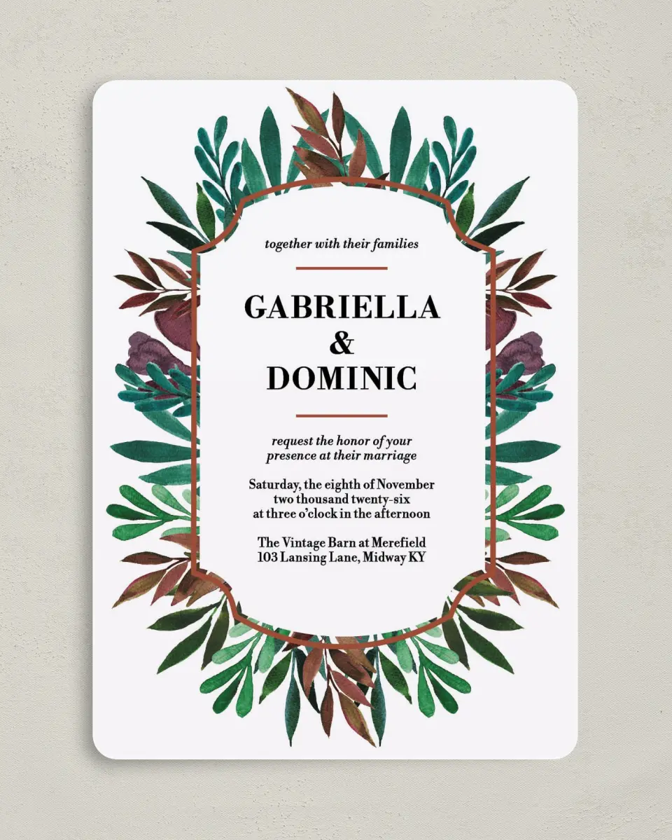 This is a 5" x 7" Rounded Wedding Invitation called Graceful Frame printed in full color on Premium Smooth paper