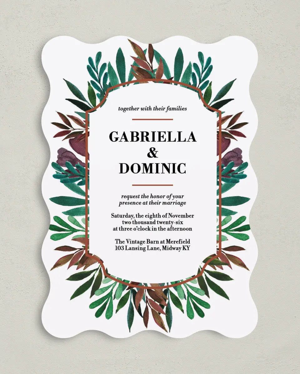 This is a 5" x 7" Wavy Wedding Invitation called Graceful Frame printed in full color on Premium Smooth paper