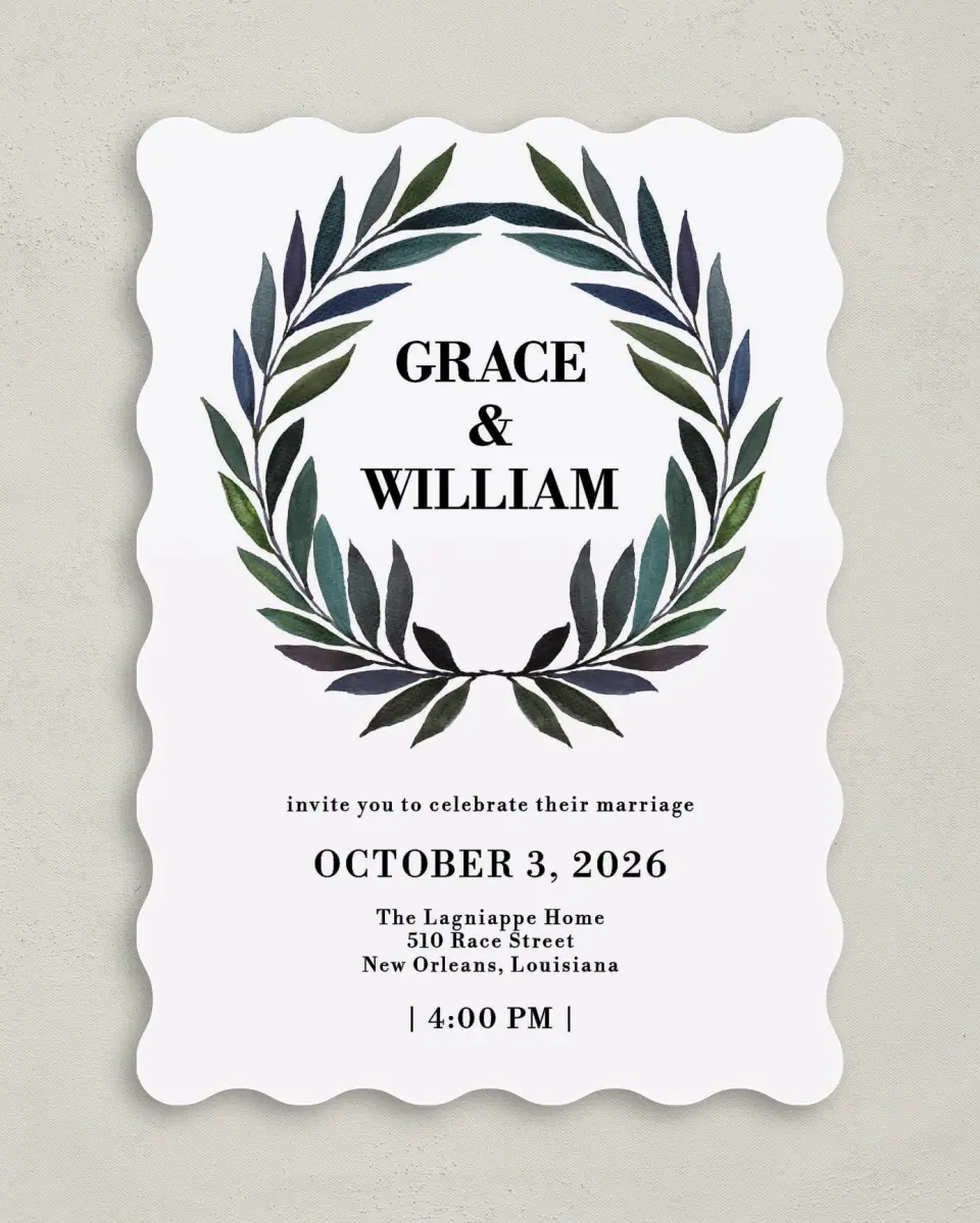This is a 5" x 7" Wavy Wedding Invitation called Laurel Crown printed in full color on Premium Smooth paper