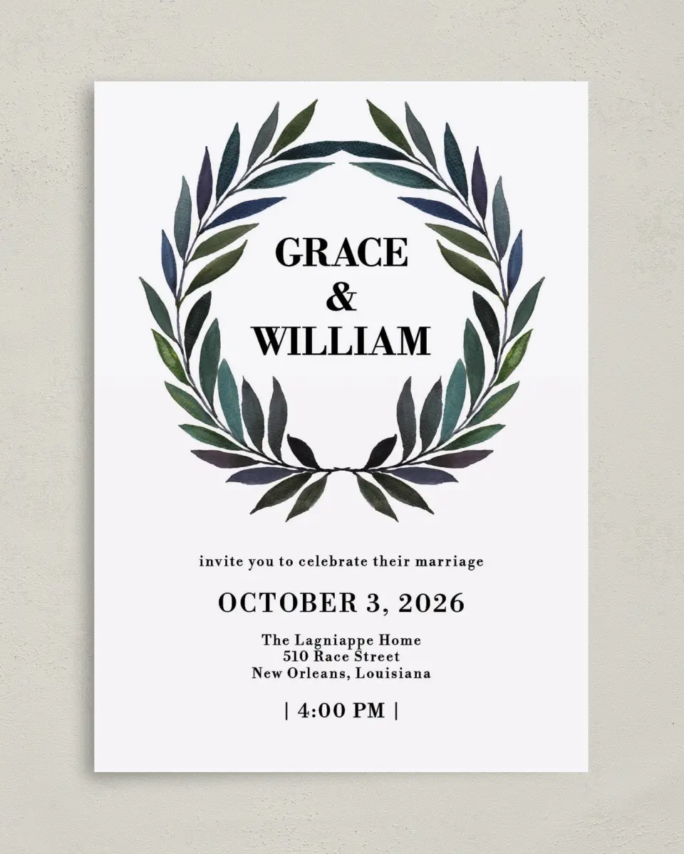 This is a 5" x 7" Classic Wedding Invitation called Laurel Crown printed in full color on Premium Smooth paper