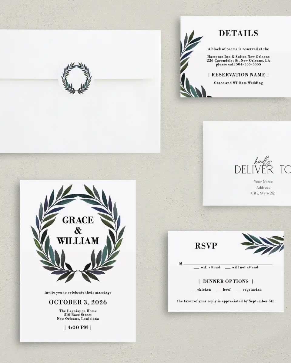This is a 5" x 7" Classic Wedding Invitation called Laurel Crown printed in full color on Premium Smooth paper
