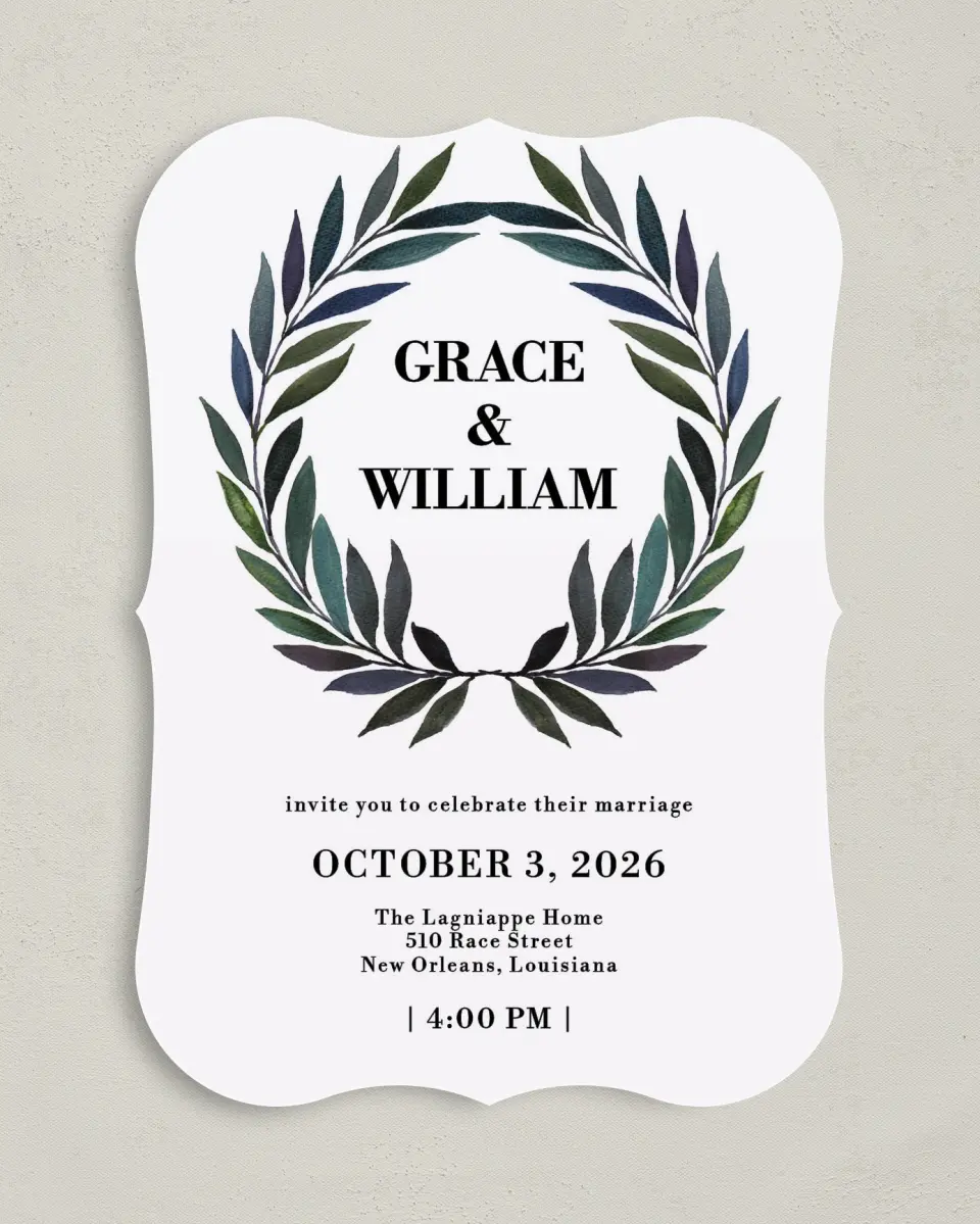 This is a 5" x 7" Bracket Wedding Invitation called Laurel Crown printed in full color on Premium Smooth paper