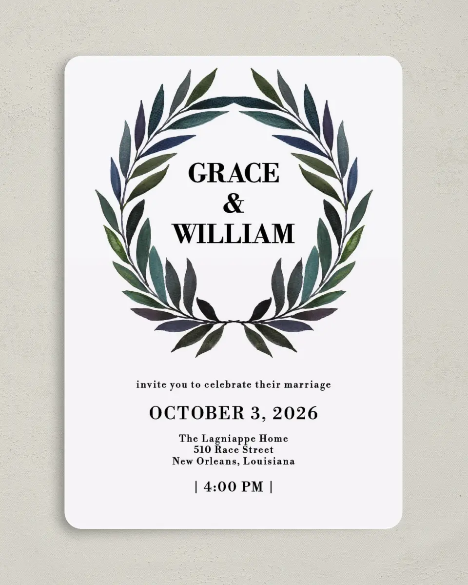 This is a 5" x 7" Rounded Wedding Invitation called Laurel Crown printed in full color on Premium Smooth paper