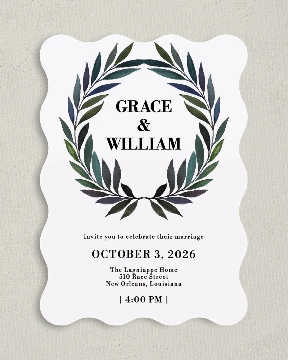 This is a 5" x 7" Wavy Wedding Invitation called Laurel Crown printed in full color on Premium Smooth paper