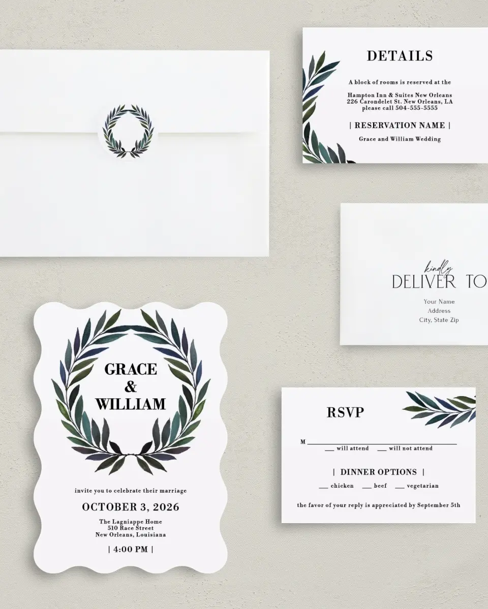 This is a 5" x 7" Wavy Wedding Invitation called Laurel Crown printed in full color on Premium Smooth paper