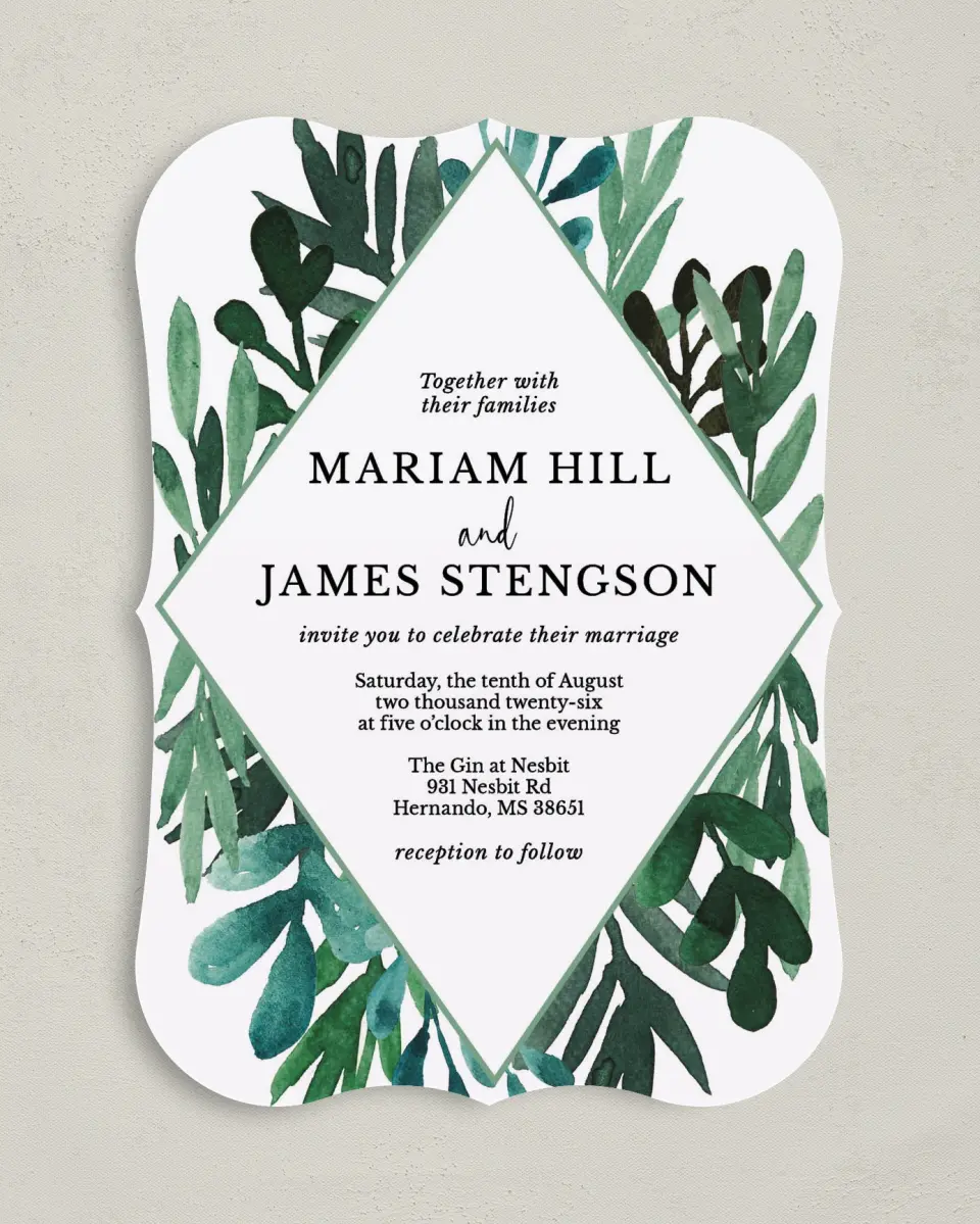This is a 5" x 7" Bracket Wedding Invitation called Breathtaking Boughs printed in full color on Premium Smooth paper