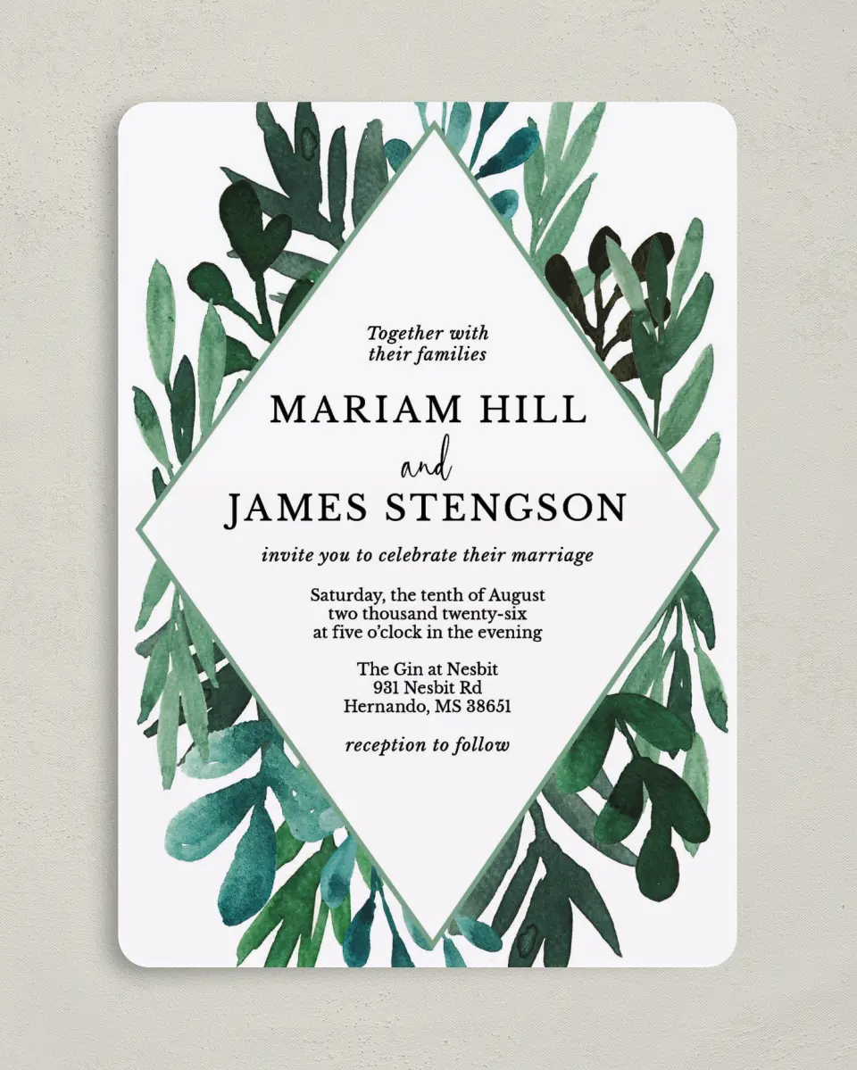 This is a 5" x 7" Rounded Wedding Invitation called Breathtaking Boughs printed in full color on Premium Smooth paper
