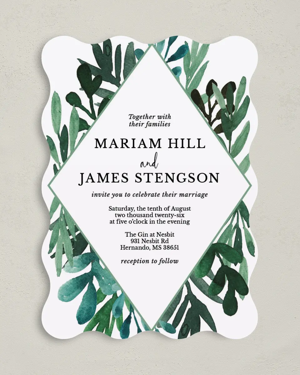This is a 5" x 7" Wavy Wedding Invitation called Breathtaking Boughs printed in full color on Premium Smooth paper