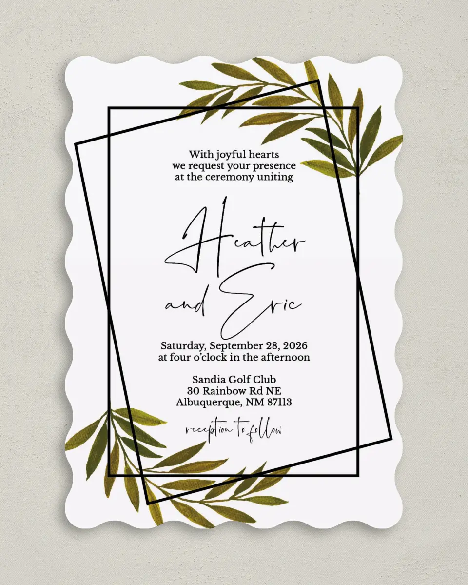 This is a 5" x 7" Wavy Wedding Invitation called Gilded Sage printed in full color on Premium Smooth paper