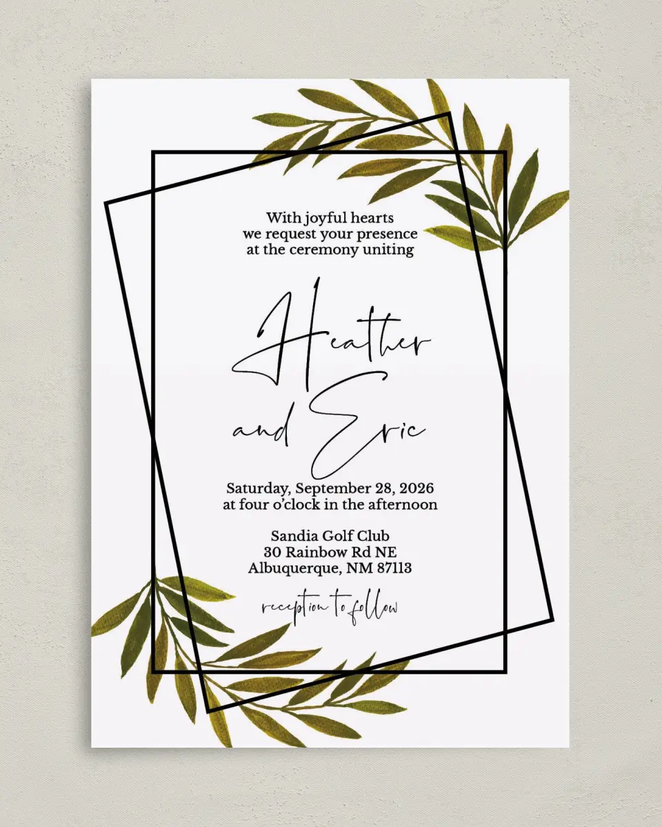 This is a 5" x 7" Classic Wedding Invitation called Gilded Sage printed in full color on Premium Smooth paper
