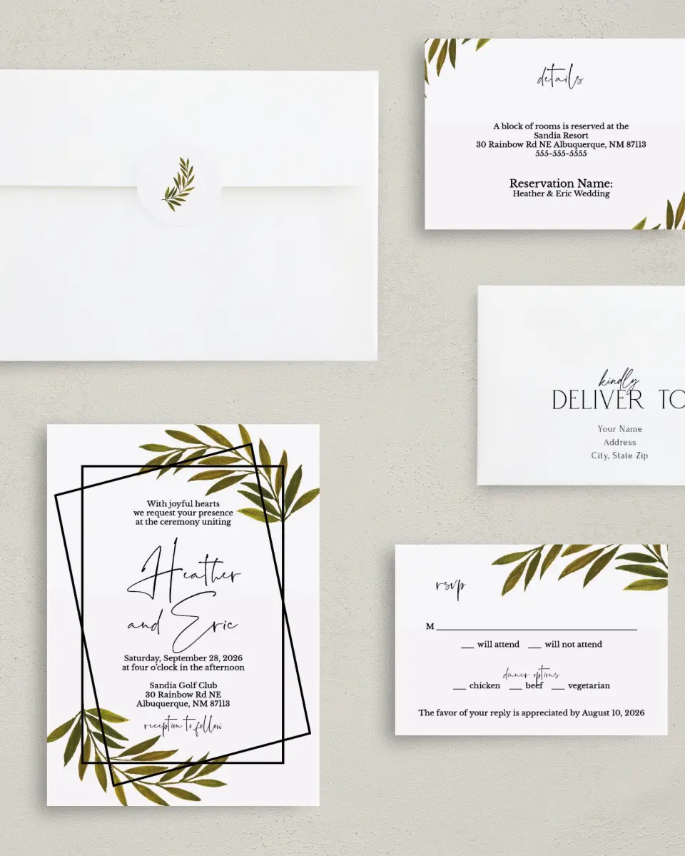 This is a 5" x 7" Classic Wedding Invitation called Gilded Sage printed in full color on Premium Smooth paper