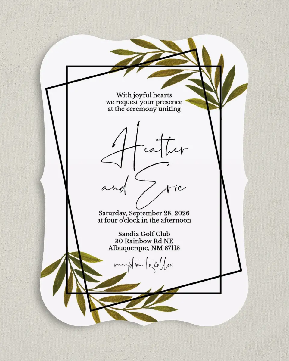 This is a 5" x 7" Bracket Wedding Invitation called Gilded Sage printed in full color on Premium Smooth paper