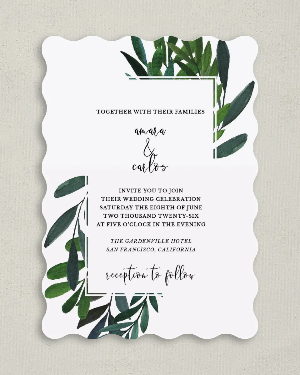 This is a 5" x 7" Wavy Wedding Invitation called Painted Greens printed in full color on Premium Smooth paper