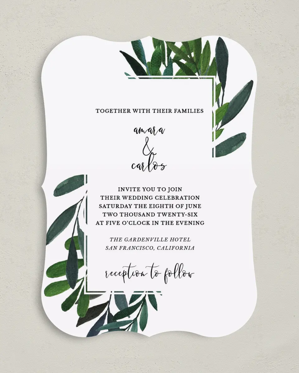 This is a 5" x 7" Bracket Wedding Invitation called Painted Greens printed in full color on Premium Smooth paper