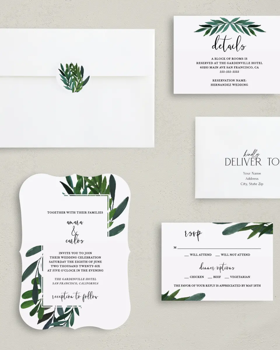 This is a 5" x 7" Bracket Wedding Invitation called Painted Greens printed in full color with Silver foil on Luxe Satin (coated) paper