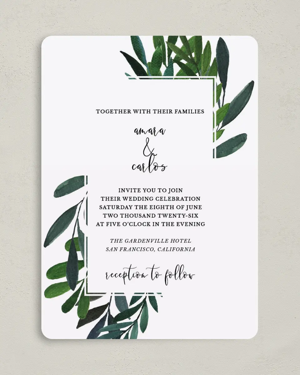 This is a 5" x 7" Rounded Wedding Invitation called Painted Greens printed in full color on Premium Smooth paper