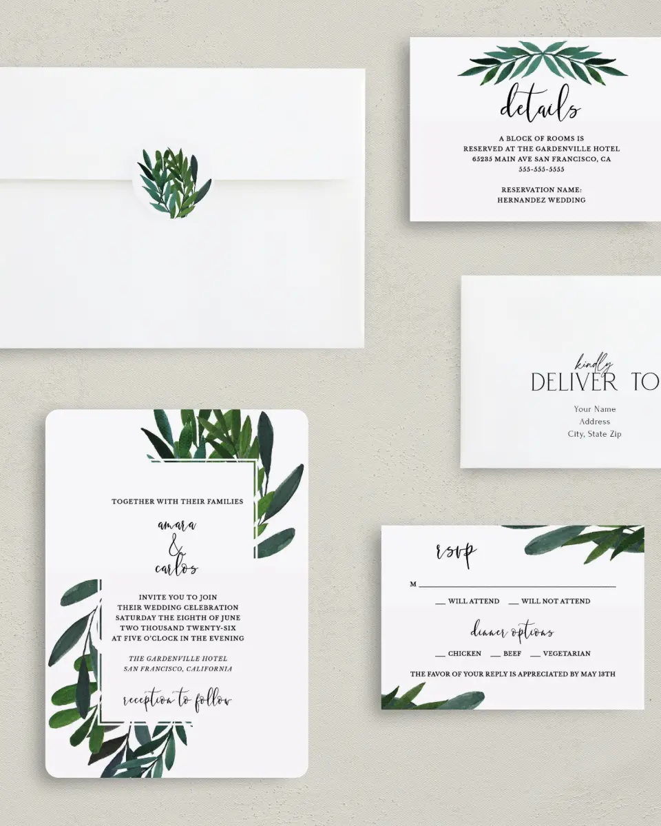 This is a 5" x 7" Rounded Wedding Invitation called Painted Greens printed in full color with Gold foil on Luxe Satin (coated) paper