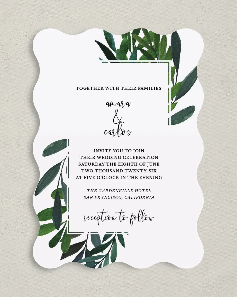 This is a 5" x 7" Wavy Wedding Invitation called Painted Greens printed in full color on Premium Smooth paper