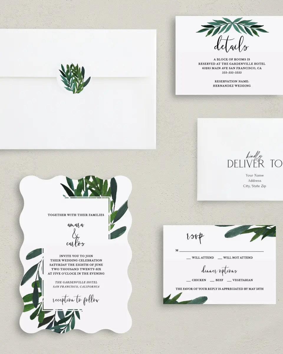This is a 5" x 7" Wavy Wedding Invitation called Painted Greens printed in full color with Silver foil on Luxe Satin (coated) paper