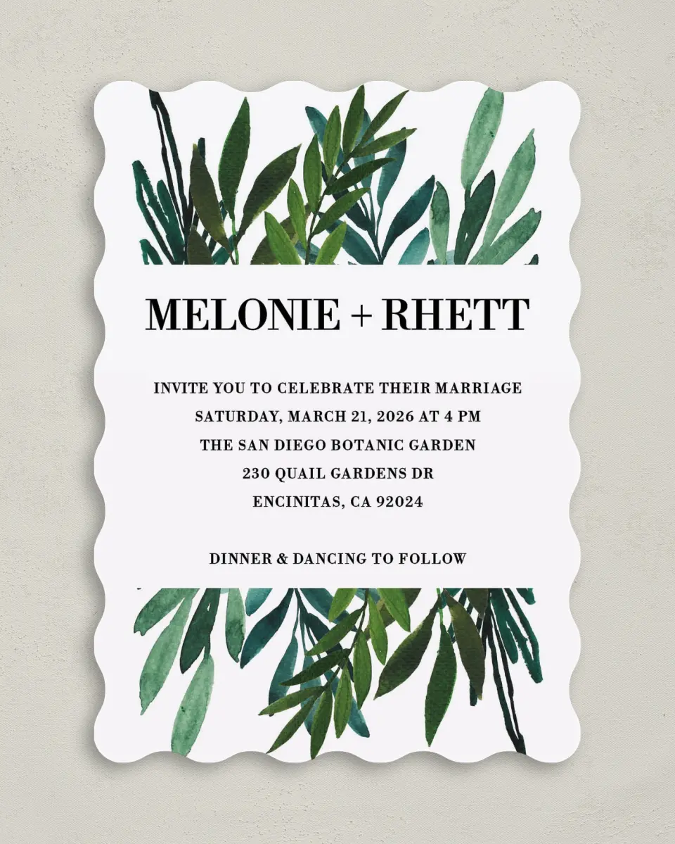 This is a 5" x 7" Wavy Wedding Invitation called Sweet Eternity printed in full color on Premium Smooth paper