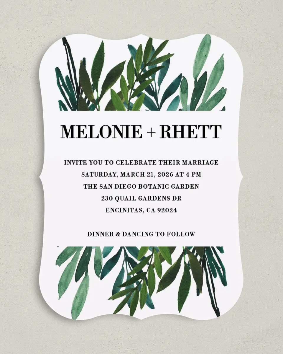This is a 5" x 7" Bracket Wedding Invitation called Sweet Eternity printed in full color on Premium Smooth paper