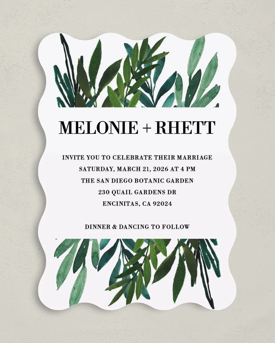 This is a 5" x 7" Wavy Wedding Invitation called Sweet Eternity printed in full color on Premium Smooth paper