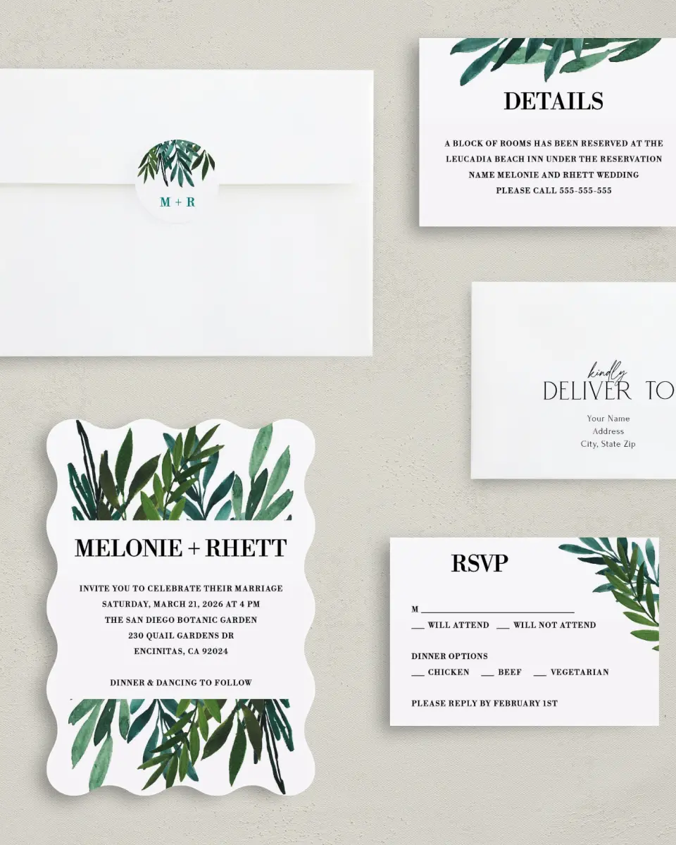 This is a 5" x 7" Wavy Wedding Invitation called Sweet Eternity printed in full color with Silver foil on Luxe Satin (coated) paper