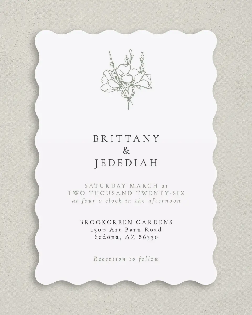 This is a 5" x 7" Wavy Wedding Invitation called Poetic Bloom printed in full color on Premium Smooth paper