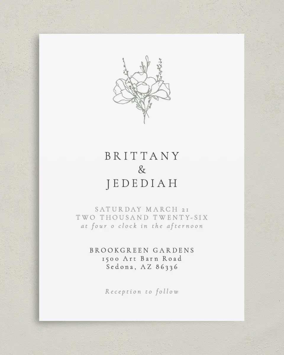 This is a 5" x 7" Classic Wedding Invitation called Poetic Bloom printed in full color with Gold foil on Luxe Satin (coated) paper