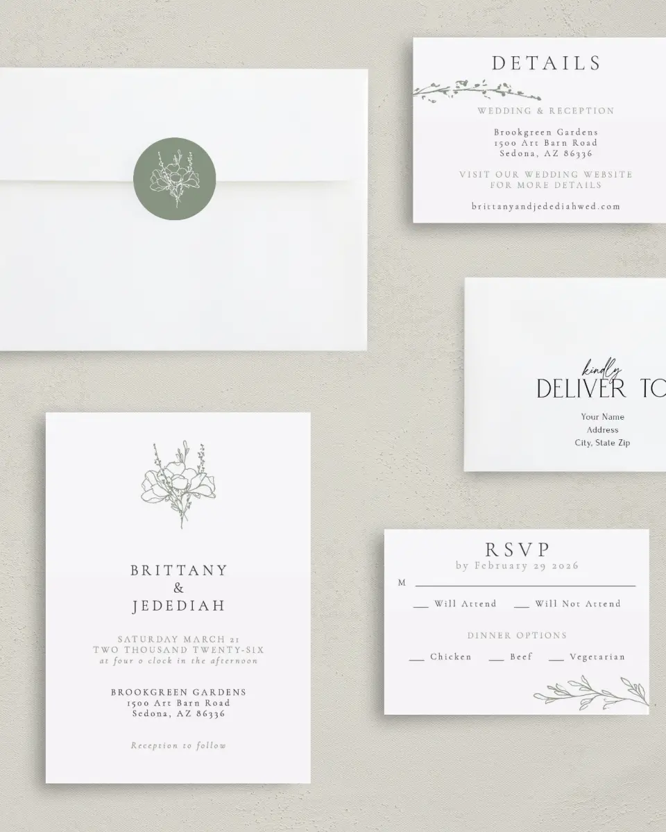 This is a 5" x 7" Classic Wedding Invitation called Poetic Bloom printed in full color with Gold foil on Luxe Satin (coated) paper
