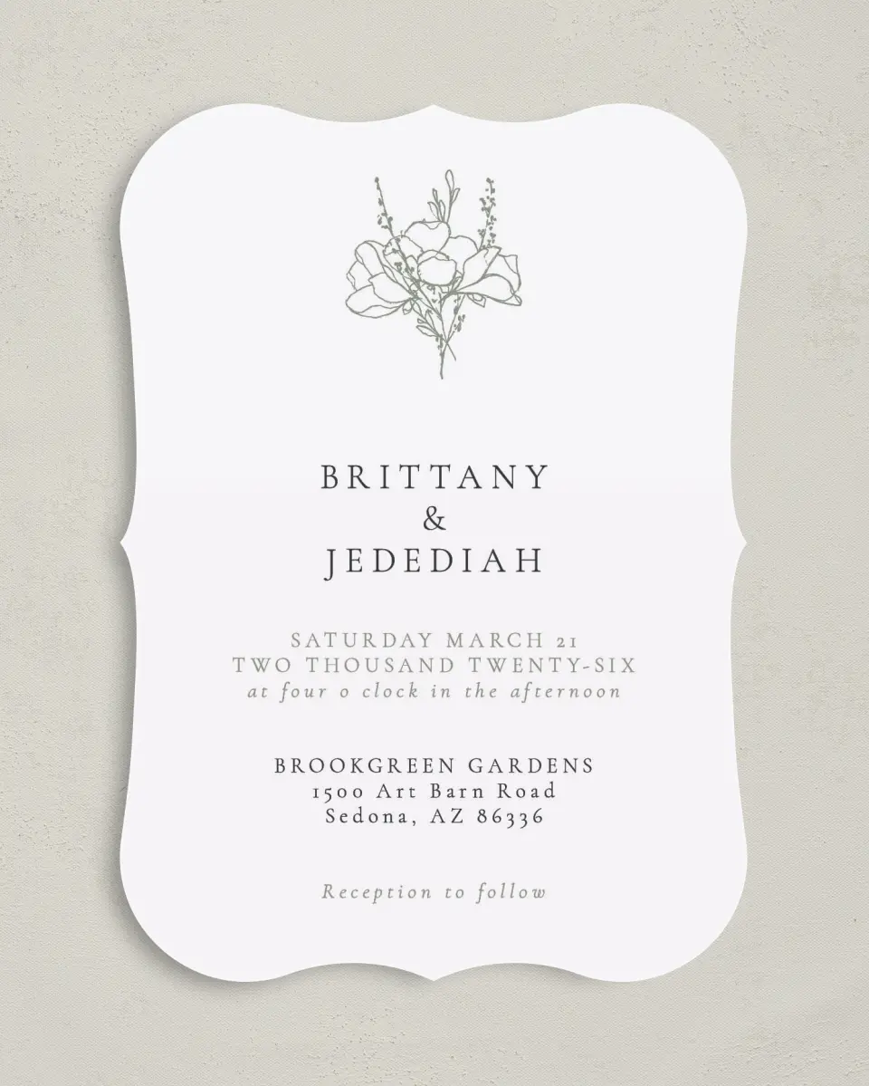 This is a 5" x 7" Bracket Wedding Invitation called Poetic Bloom printed in full color with Silver foil on Luxe Satin (coated) paper