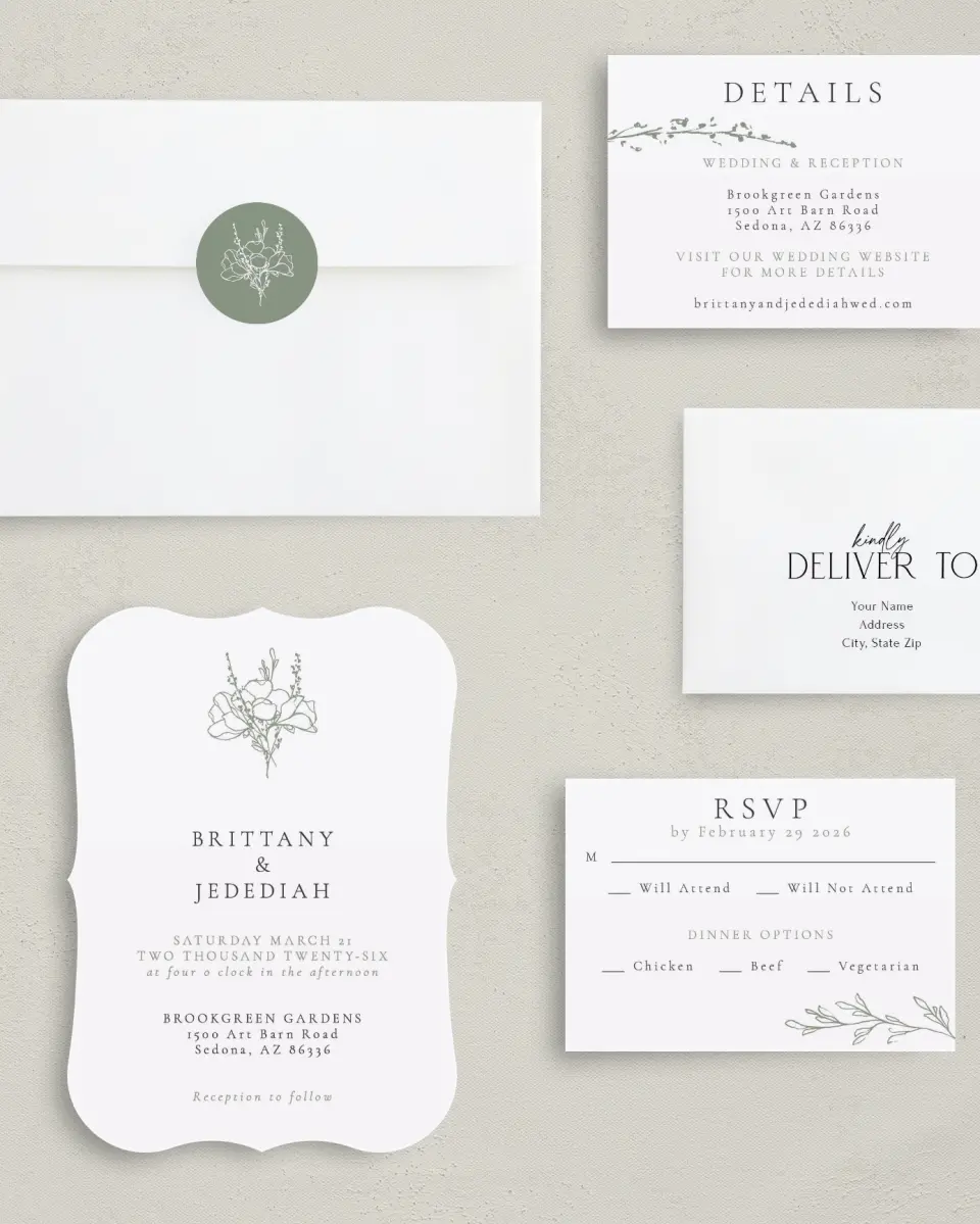 This is a 5" x 7" Bracket Wedding Invitation called Poetic Bloom printed in full color with Silver foil on Luxe Satin (coated) paper