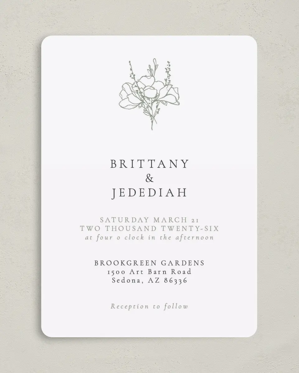 This is a 5" x 7" Rounded Wedding Invitation called Poetic Bloom printed in full color on Premium Smooth paper
