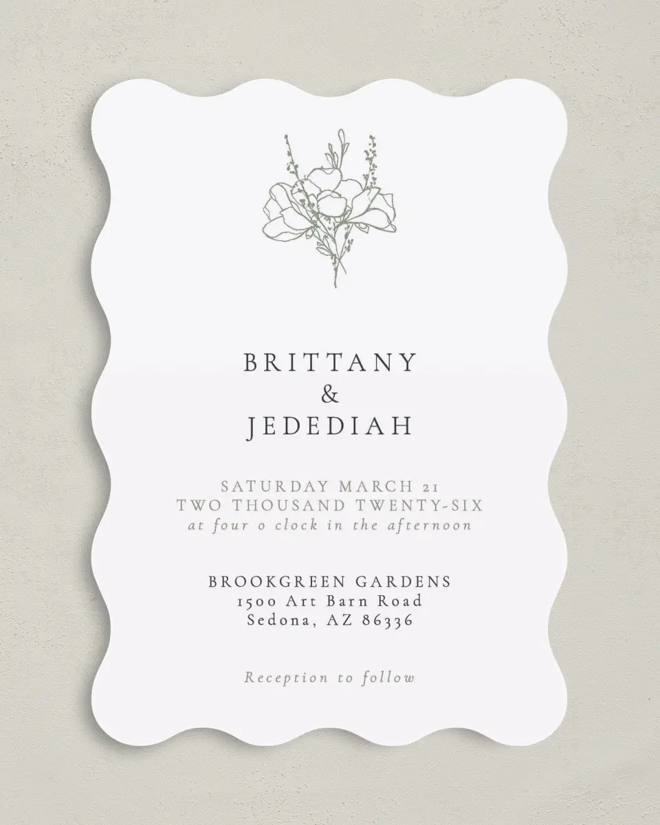 This is a 5" x 7" Wavy Wedding Invitation called Poetic Bloom printed in full color on Premium Smooth paper