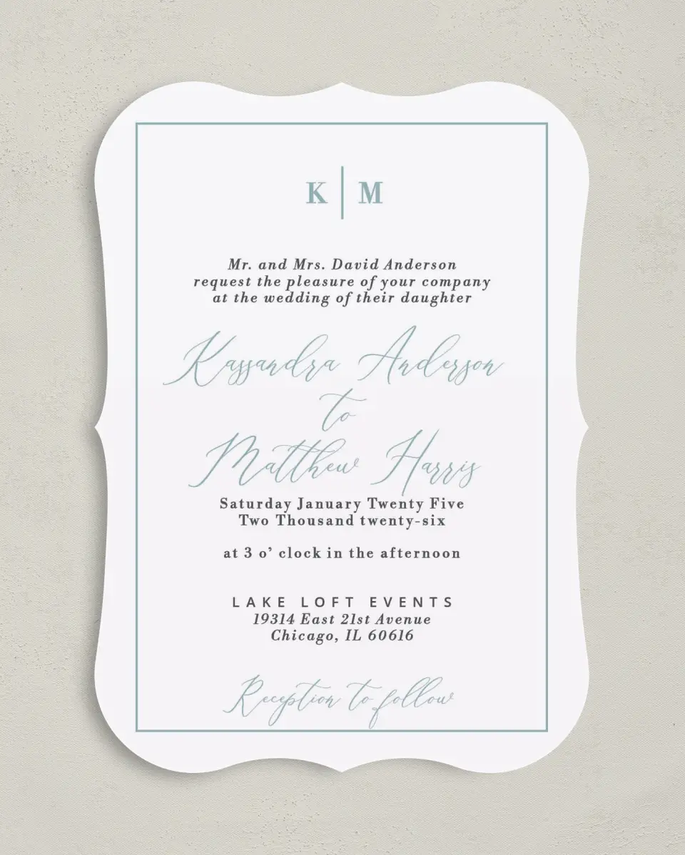 This is a 5" x 7" Bracket Wedding Invitation called Eternal Love printed in full color on Premium Smooth paper