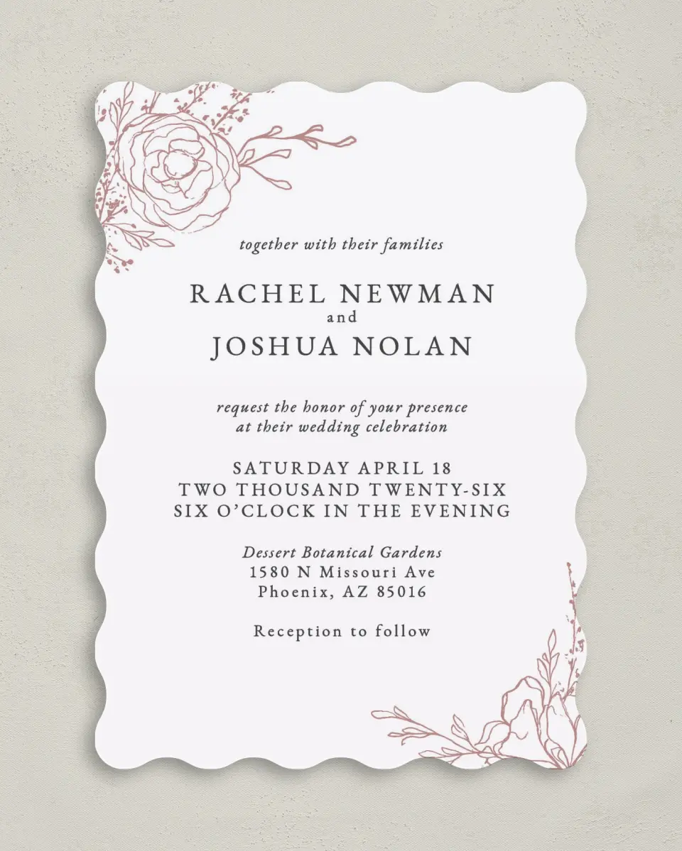 This is a 5" x 7" Wavy Wedding Invitation called Blooming Rose printed in full color on Premium Smooth paper