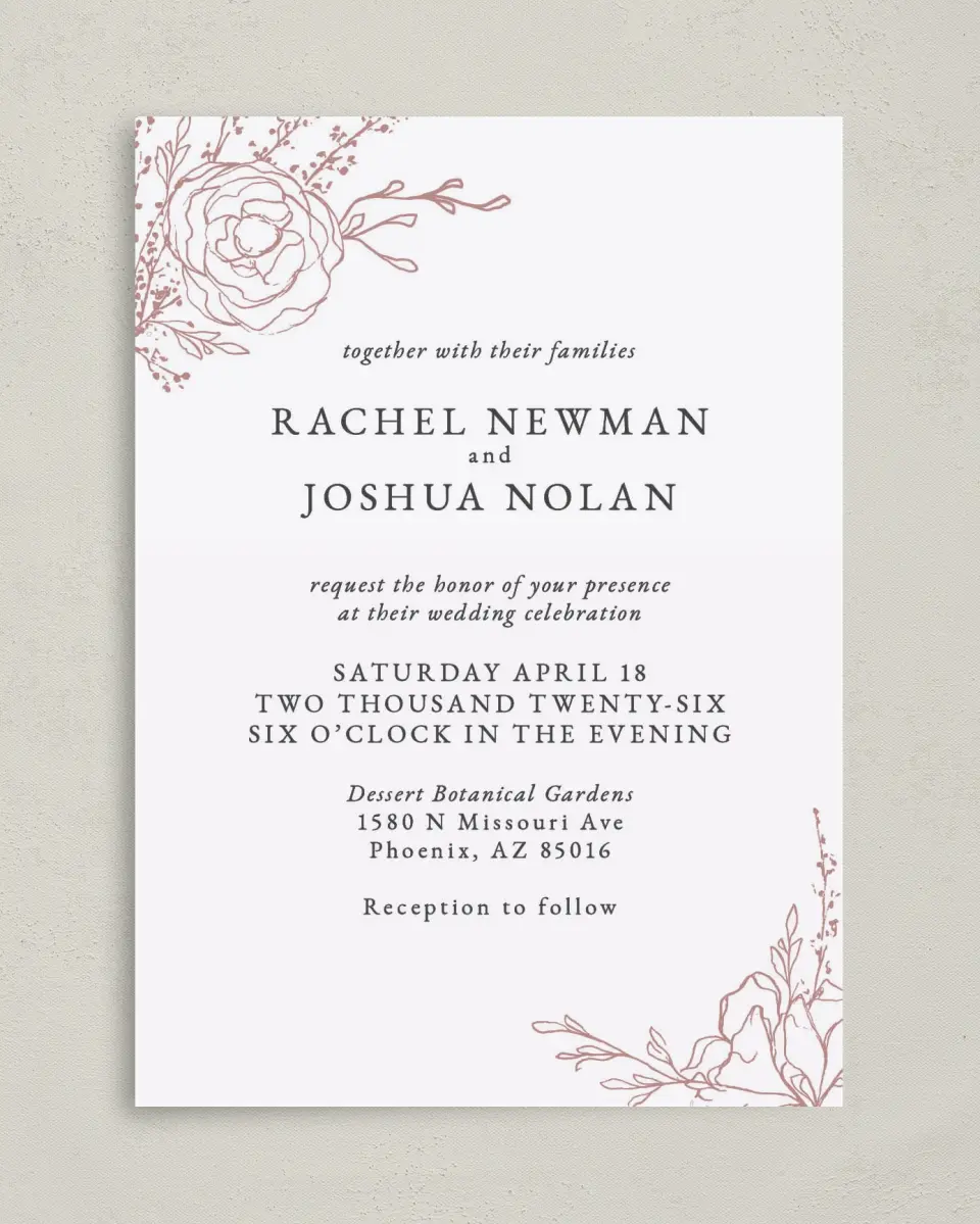 This is a 5" x 7" Classic Wedding Invitation called Blooming Rose printed in full color with Silver foil on Luxe Satin (coated) paper