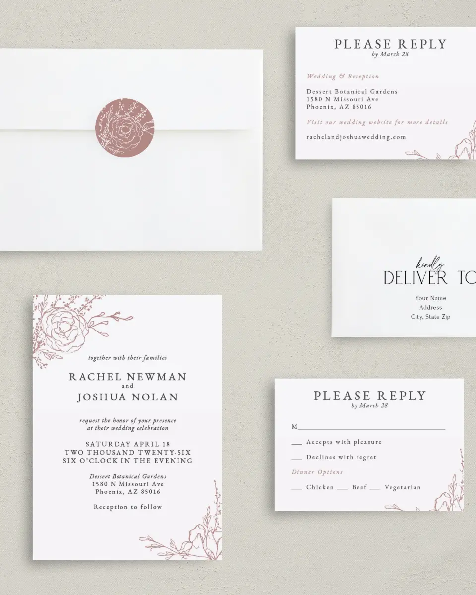 This is a 5" x 7" Classic Wedding Invitation called Blooming Rose printed in full color with Silver foil on Luxe Satin (coated) paper