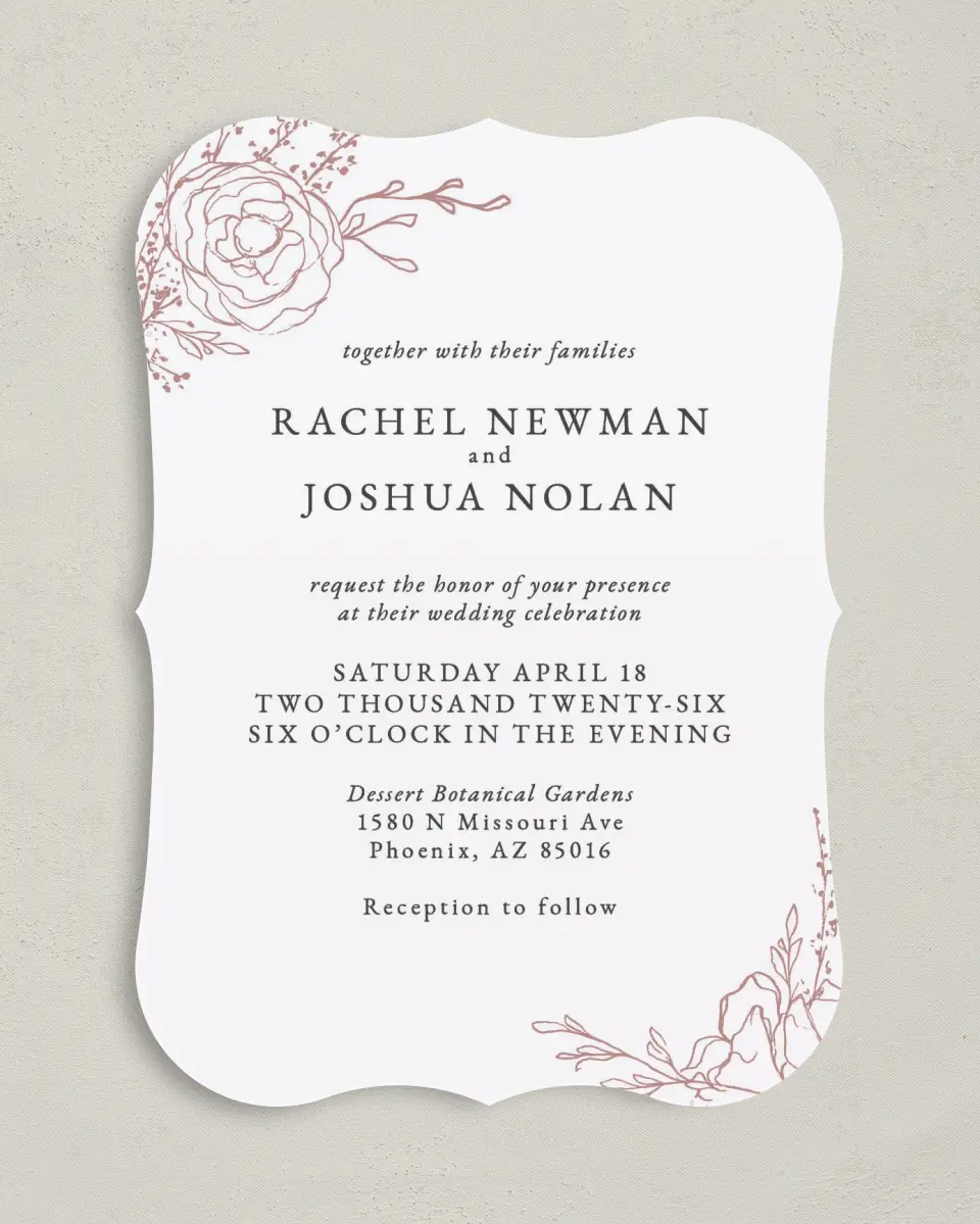 This is a 5" x 7" Bracket Wedding Invitation called Blooming Rose printed in full color on Premium Smooth paper