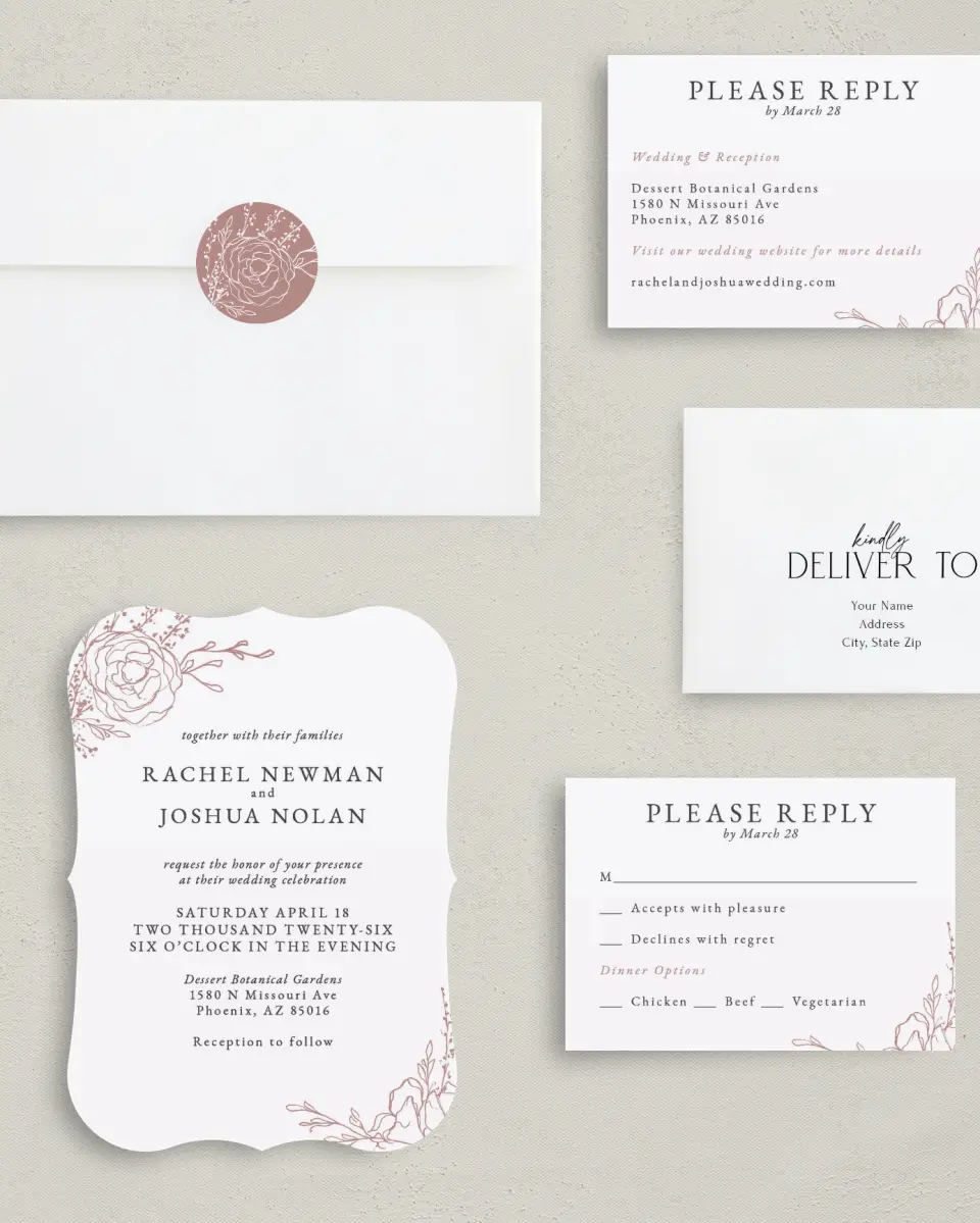 This is a 5" x 7" Bracket Wedding Invitation called Blooming Rose printed in full color with Silver foil on Luxe Satin (coated) paper