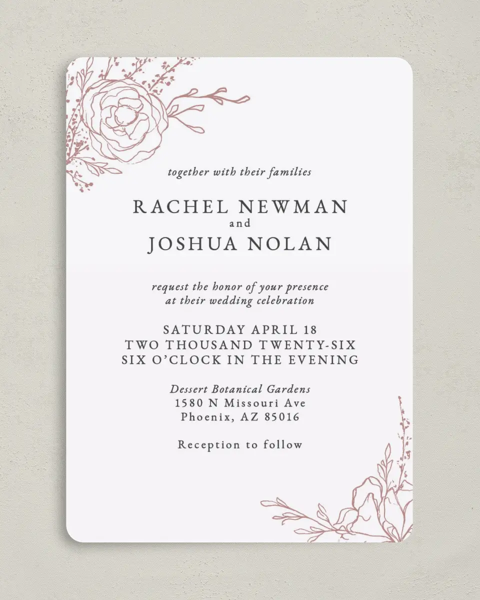 This is a 5" x 7" Rounded Wedding Invitation called Blooming Rose printed in full color on Premium Smooth paper