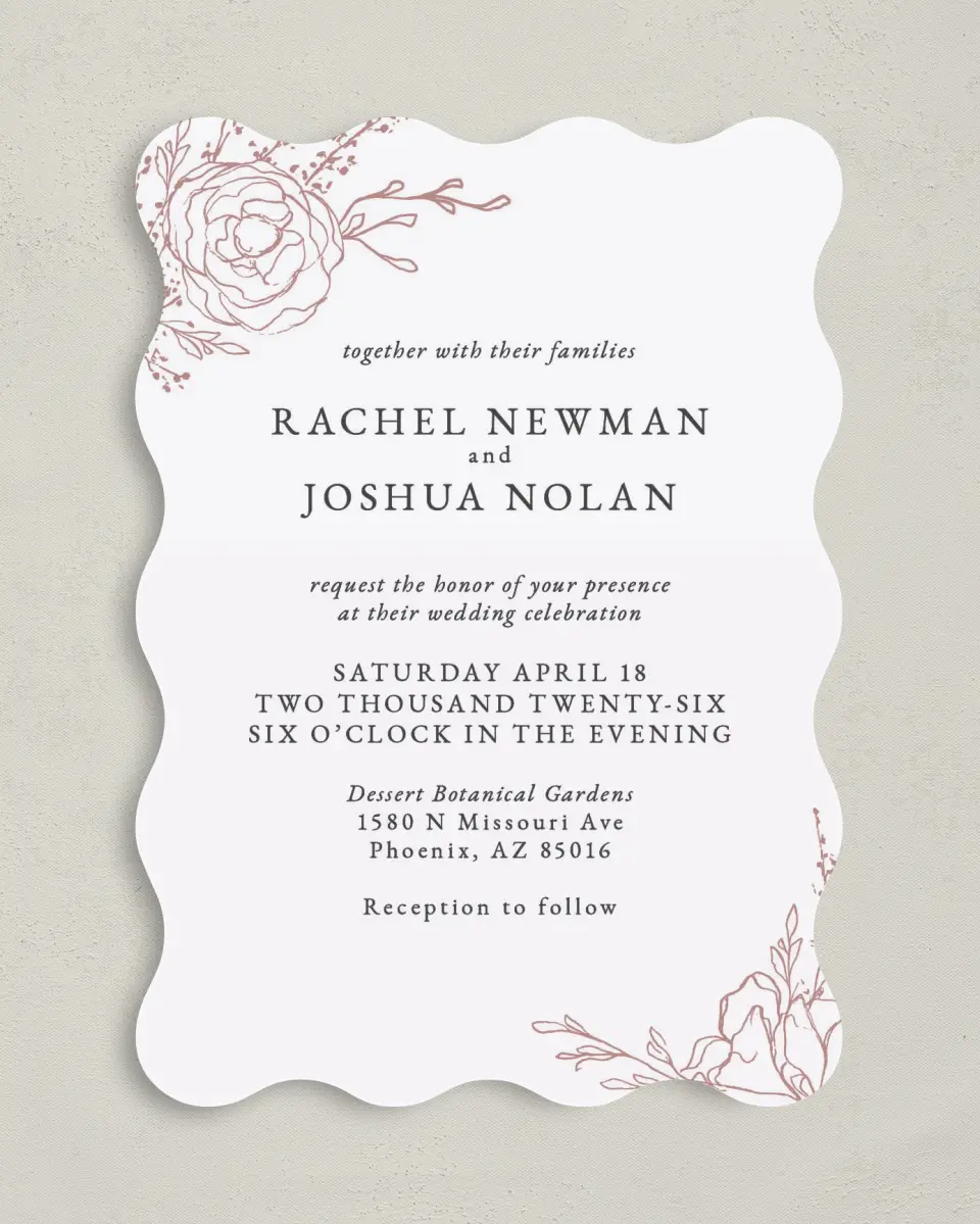 This is a 5" x 7" Wavy Wedding Invitation called Blooming Rose printed in full color on Premium Smooth paper