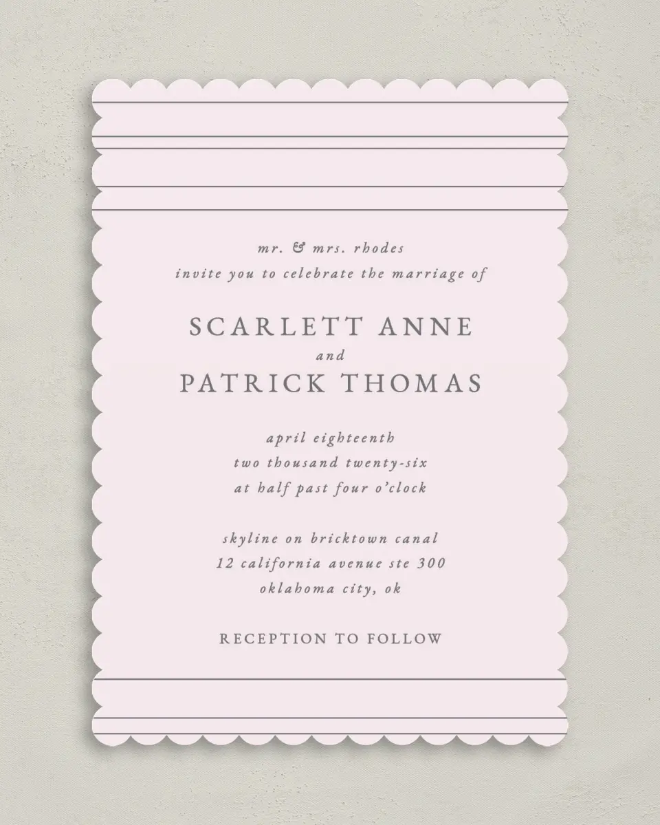 This is a 5" x 7" Classic Wedding Invitation called Harmonious Stripes printed in full color with Gold foil on Luxe Satin (coated) paper